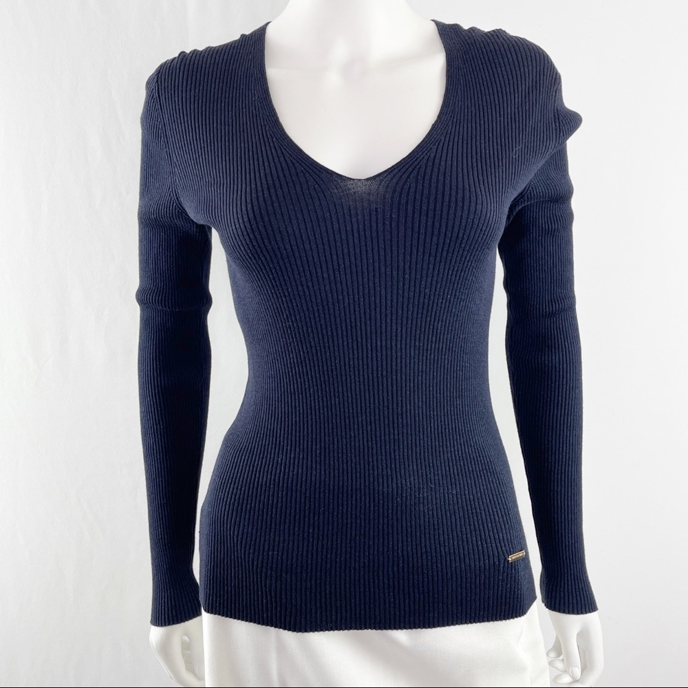 Tory Burch Size L Navy Blue Long Sleeve Ribbed Knit V-Neck Sweater Silk Blend